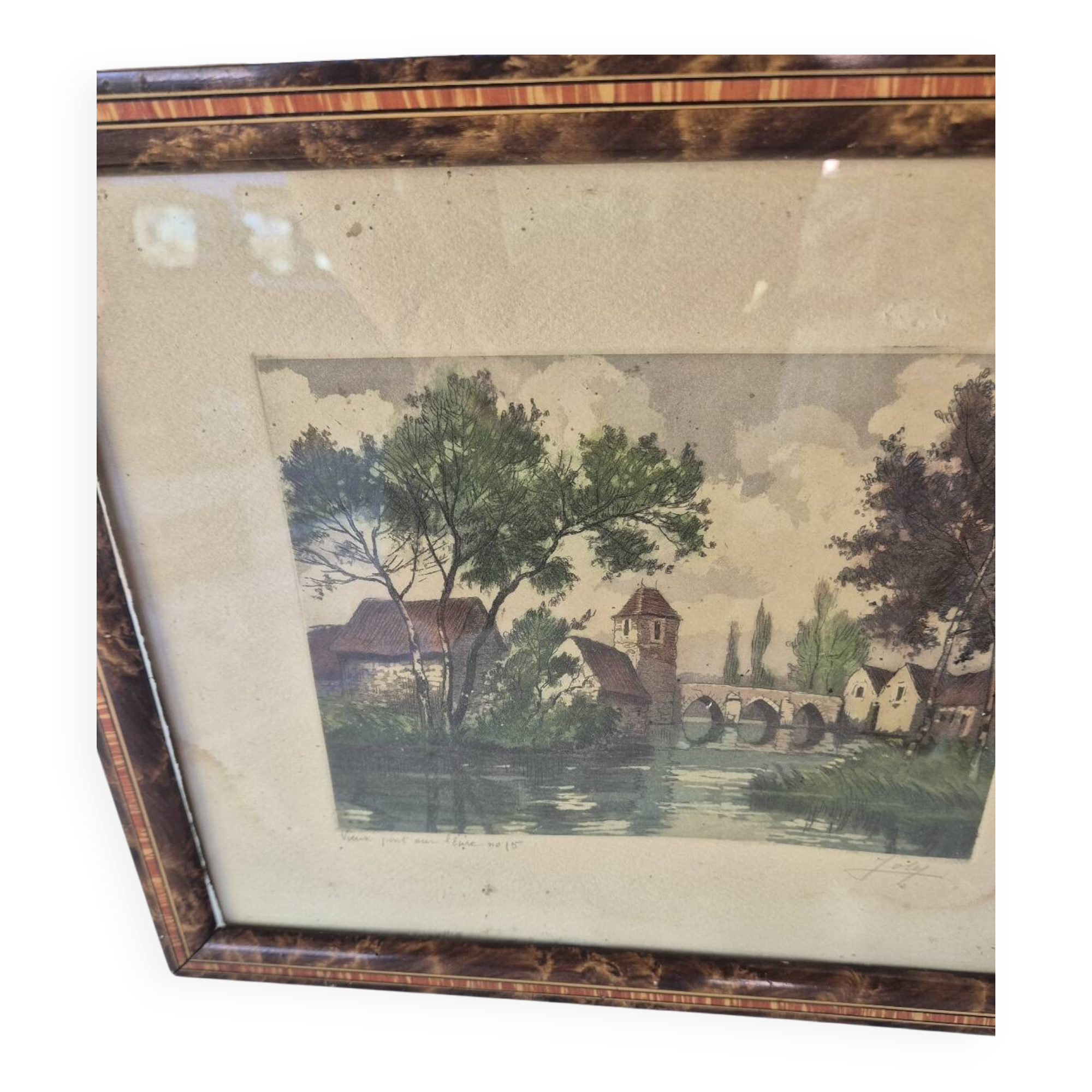 Antique painting of an old bridge over the Eure