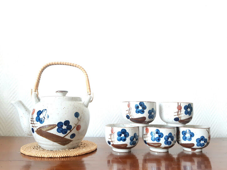 Stoneware tea set with currants, vintage Japan