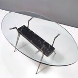 Oval Glass Coffee Table with Portoro Marble and Iron Base, Italy