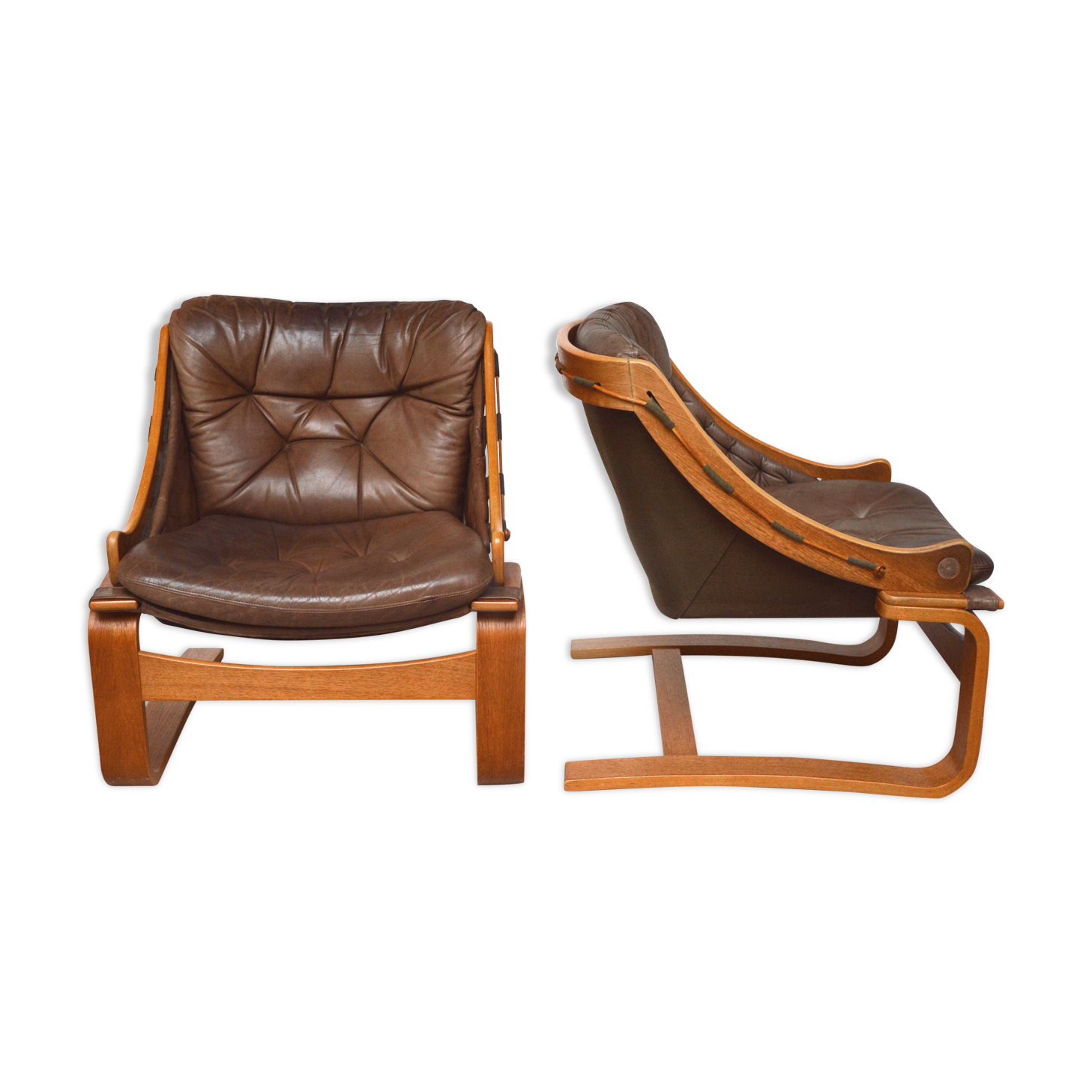Pair of Danish armchairs in teak and leather 1970