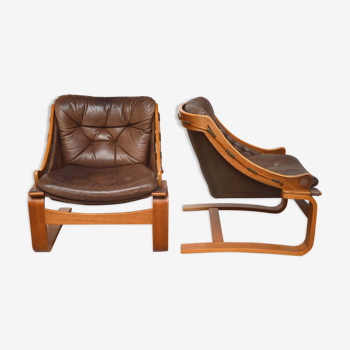 Paire de fauteuils danois en teck et cuir 1970