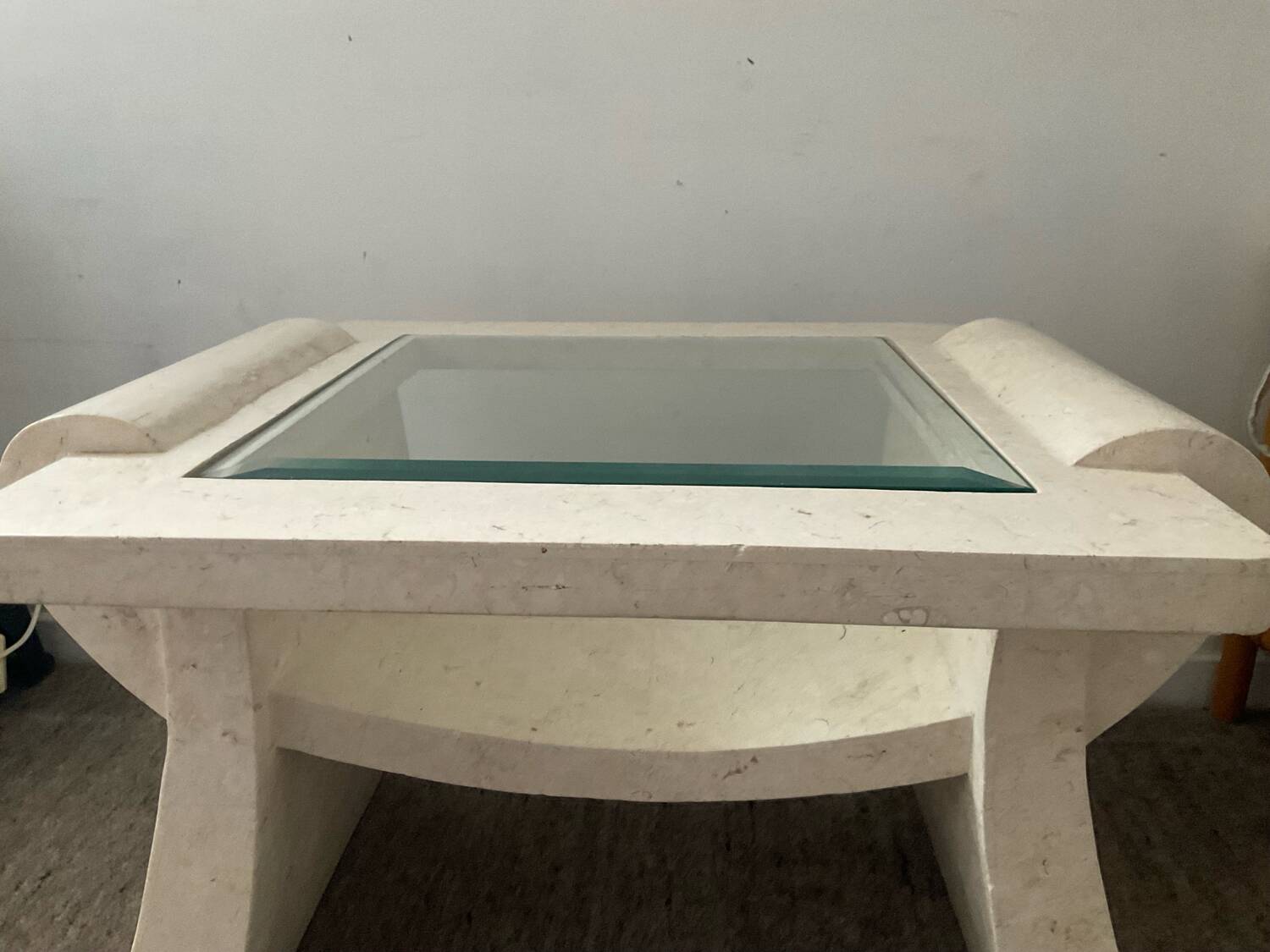 Vintage travertine and beveled glass coffee table