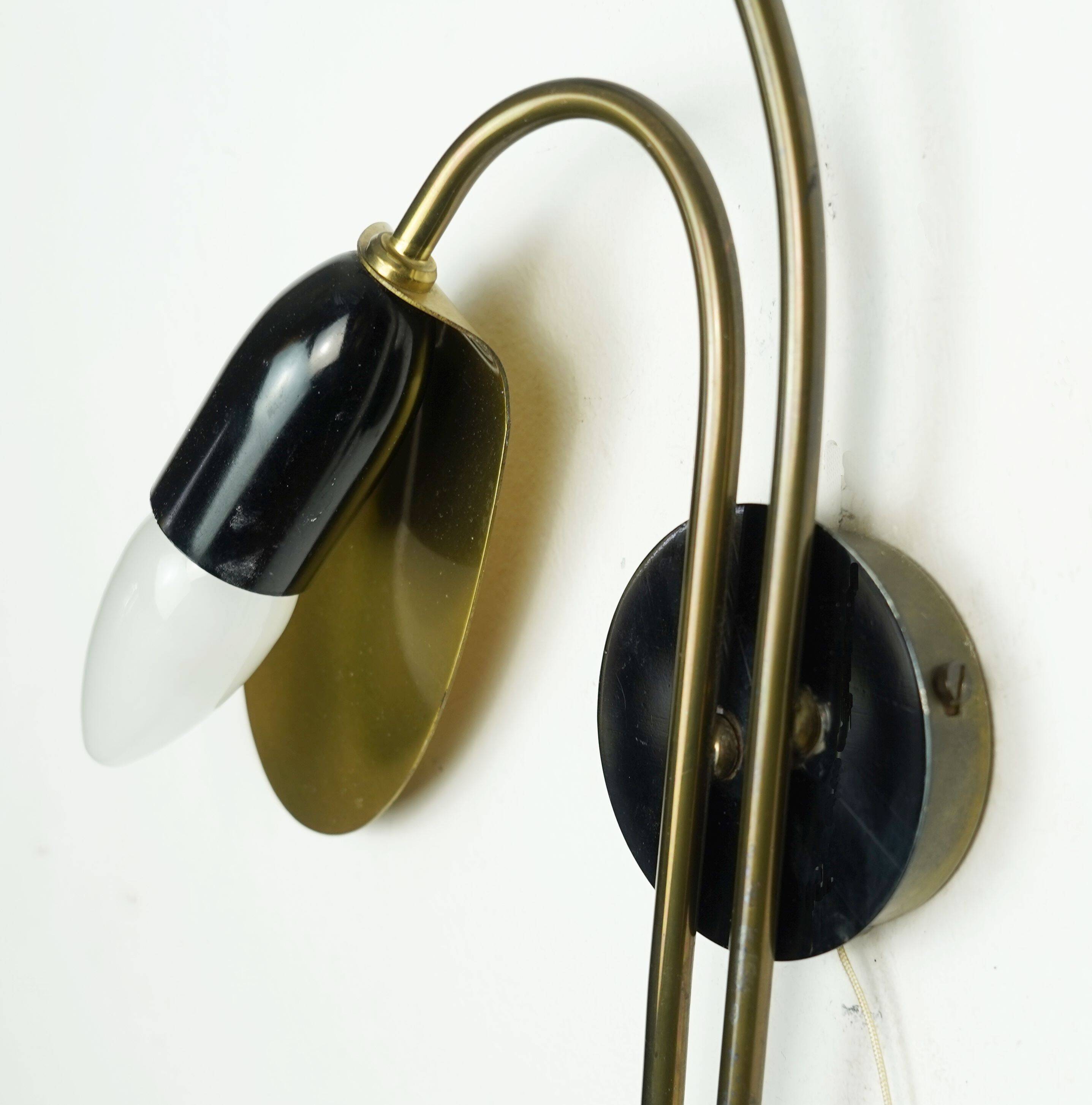 Pair of 1950s mid century sconces wall lamps brass black metal