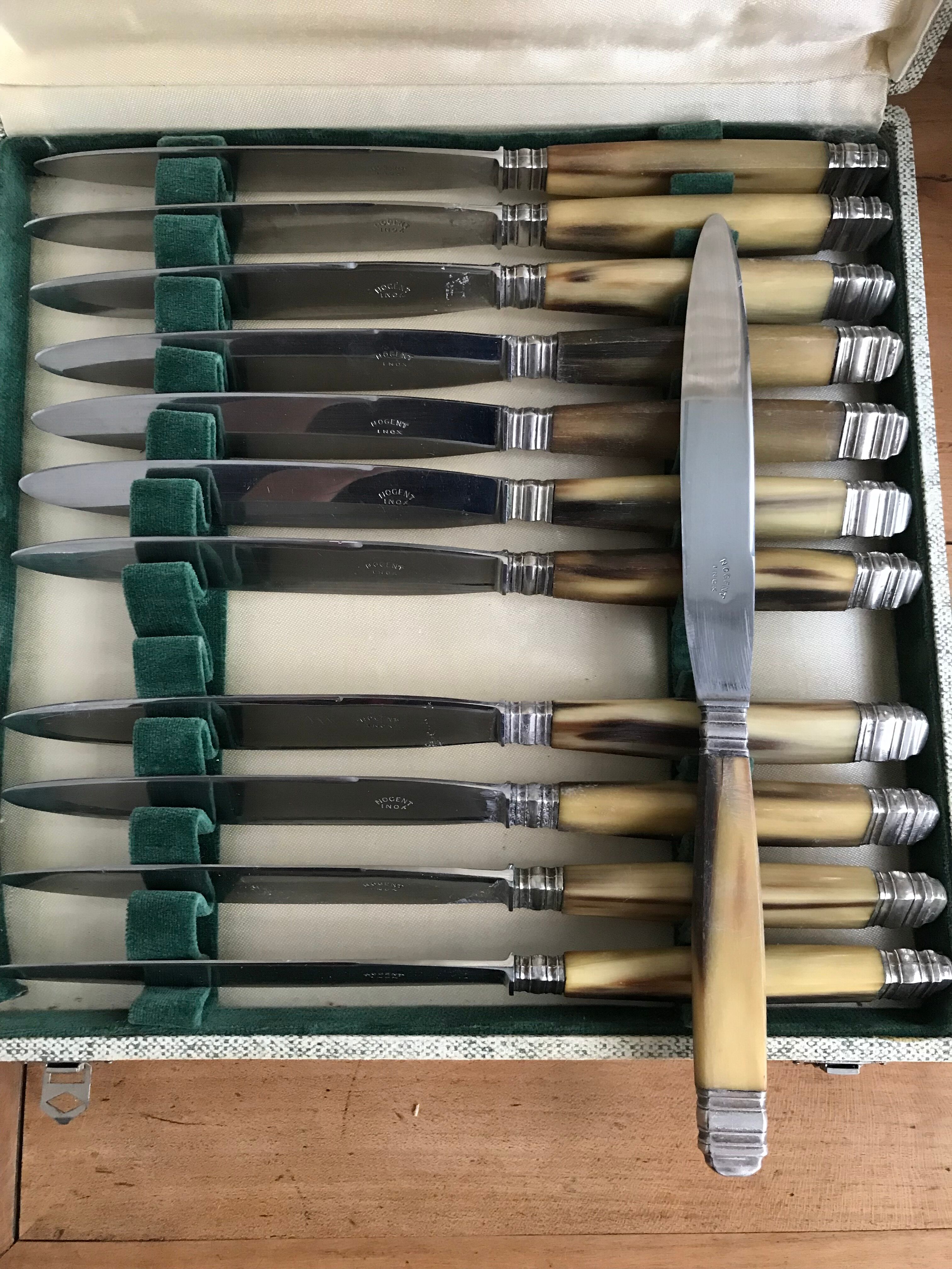 Twelve Art Deco horn and silver knives