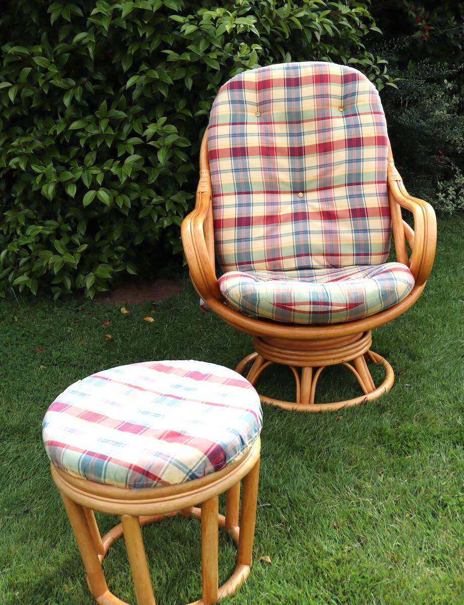 Swivel rattan armchair with matching ottoman