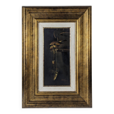 Oil on canvas of a tanager bird and water, sign Oil on canvas of a tanager bird and water, signeded