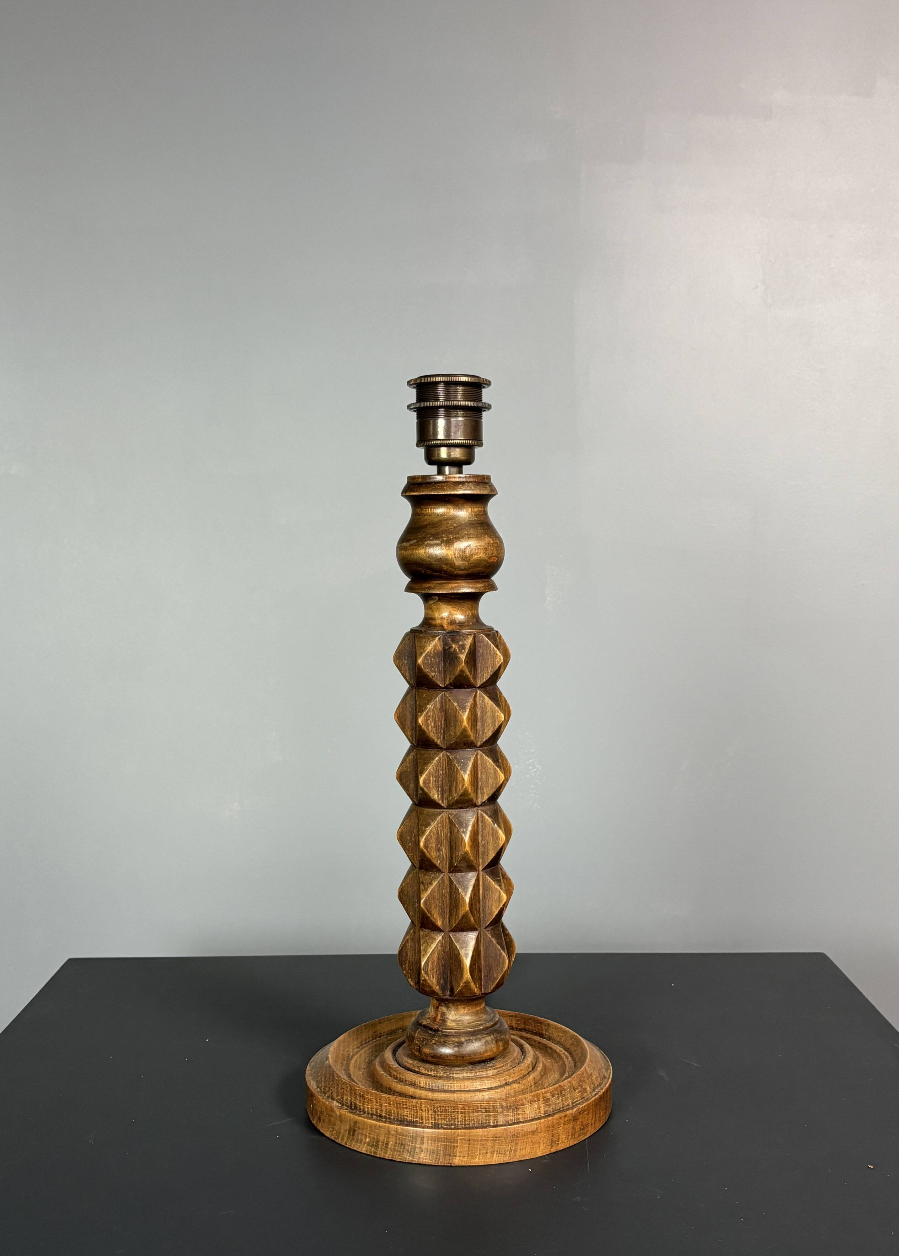 Brutalist Wood Turned Table Lamp in the style of Charles Dudouyt, 1950s