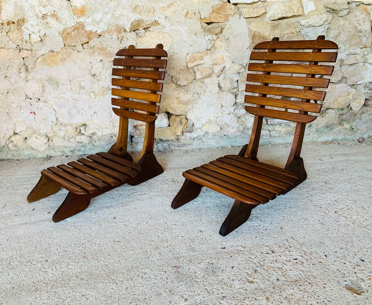 Pair of vintage folding chairs with slats, 1950-1960