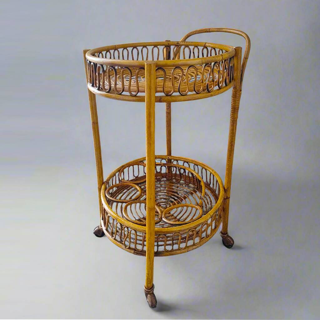 1960s Bamboo & Rattan Serving Bar Cart Trolley by Franco Albini. Made in Italy