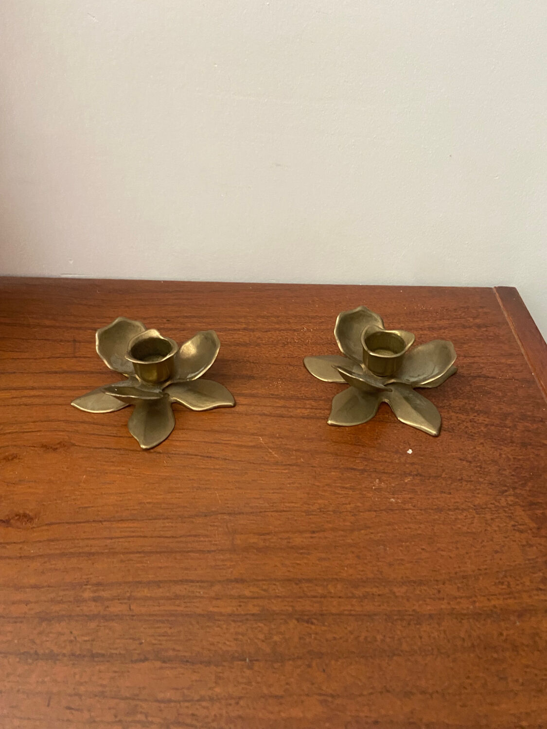 Pair of vintage brass flower candlesticks