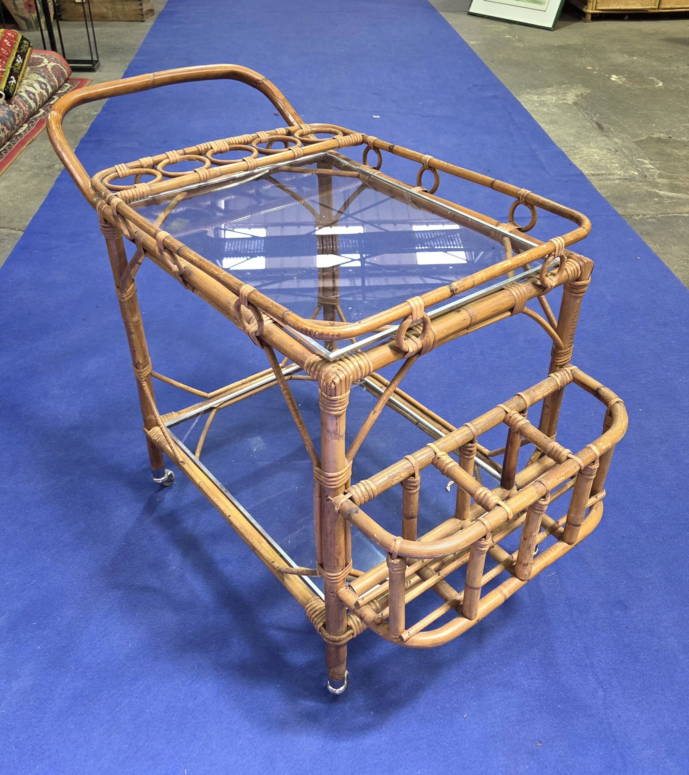 Service trolley, bar, bamboo, rattan, 1950s