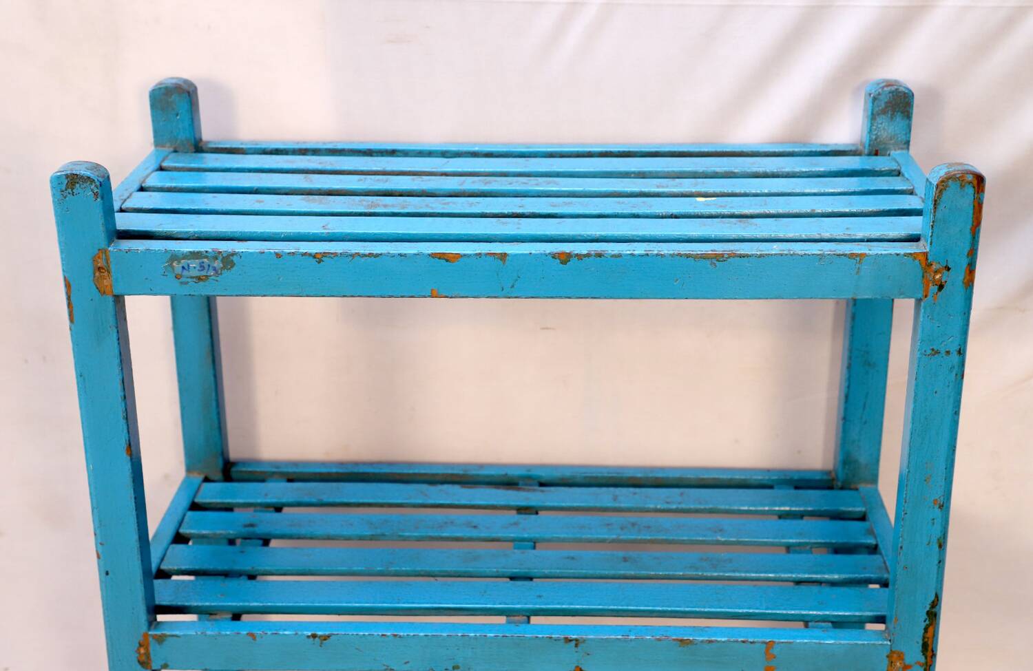 Teak shelf with original blue patina.