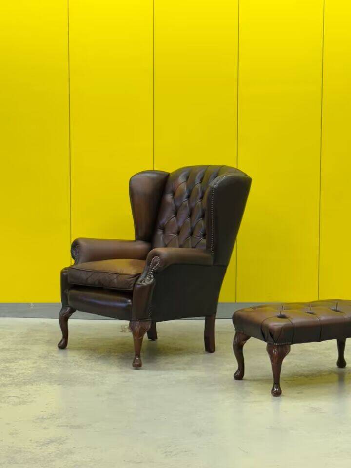 Dark Brown leather chesterfield wing chair with Ottoman