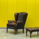Dark Brown leather chesterfield wing chair with Ottoman