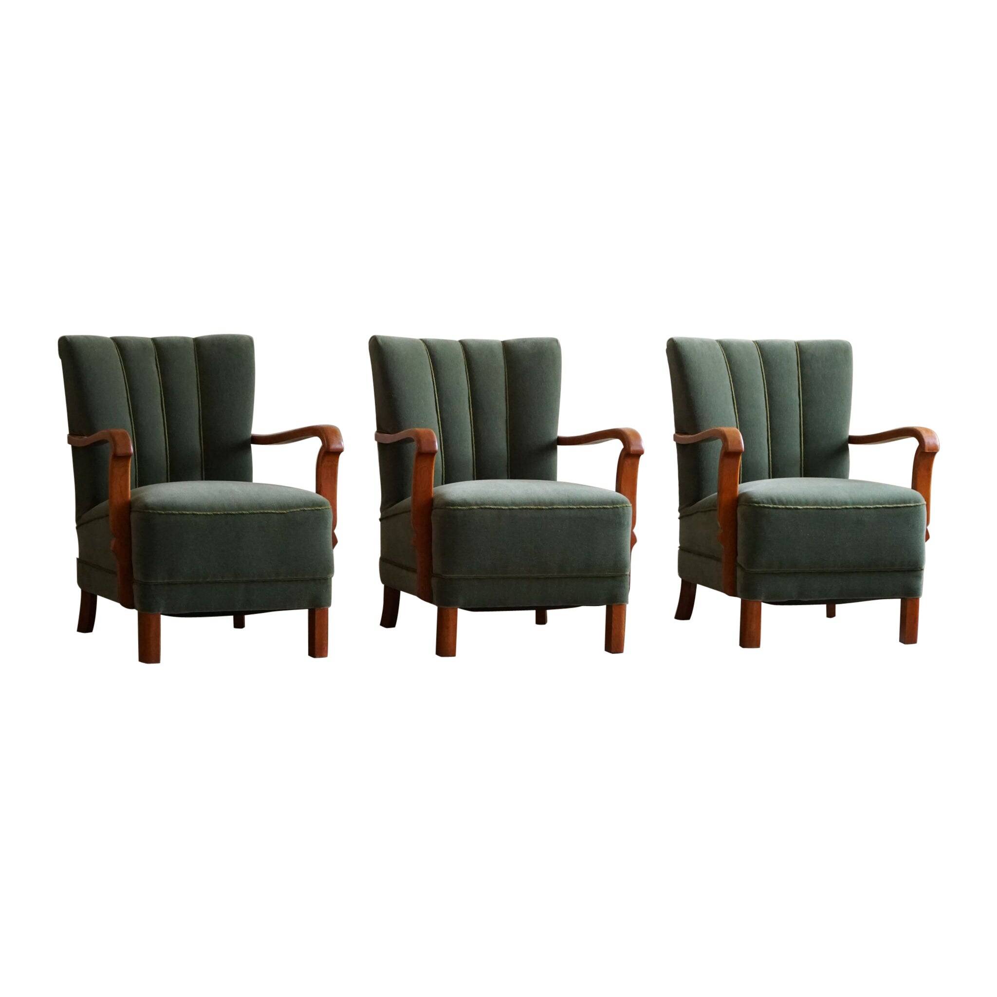 Danish Art Deco, set of 3 oak armchairs, reupholstered in green mohair, 1930s.