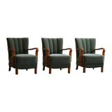 Danish Art Deco, set of 3 oak armchairs, reupholstered in green mohair, 1930s.