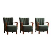Danish Art Deco, set of 3 oak armchairs, reupholstered in green mohair, 1930s.