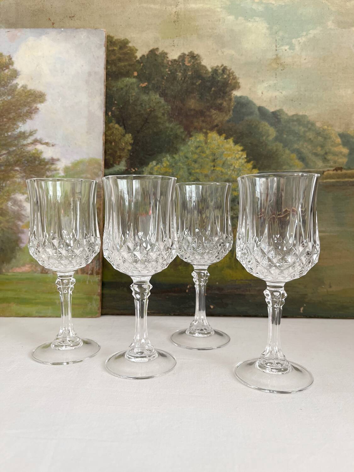 4 white wine stemmed glasses in Arques crystal, Longchamp vintage model