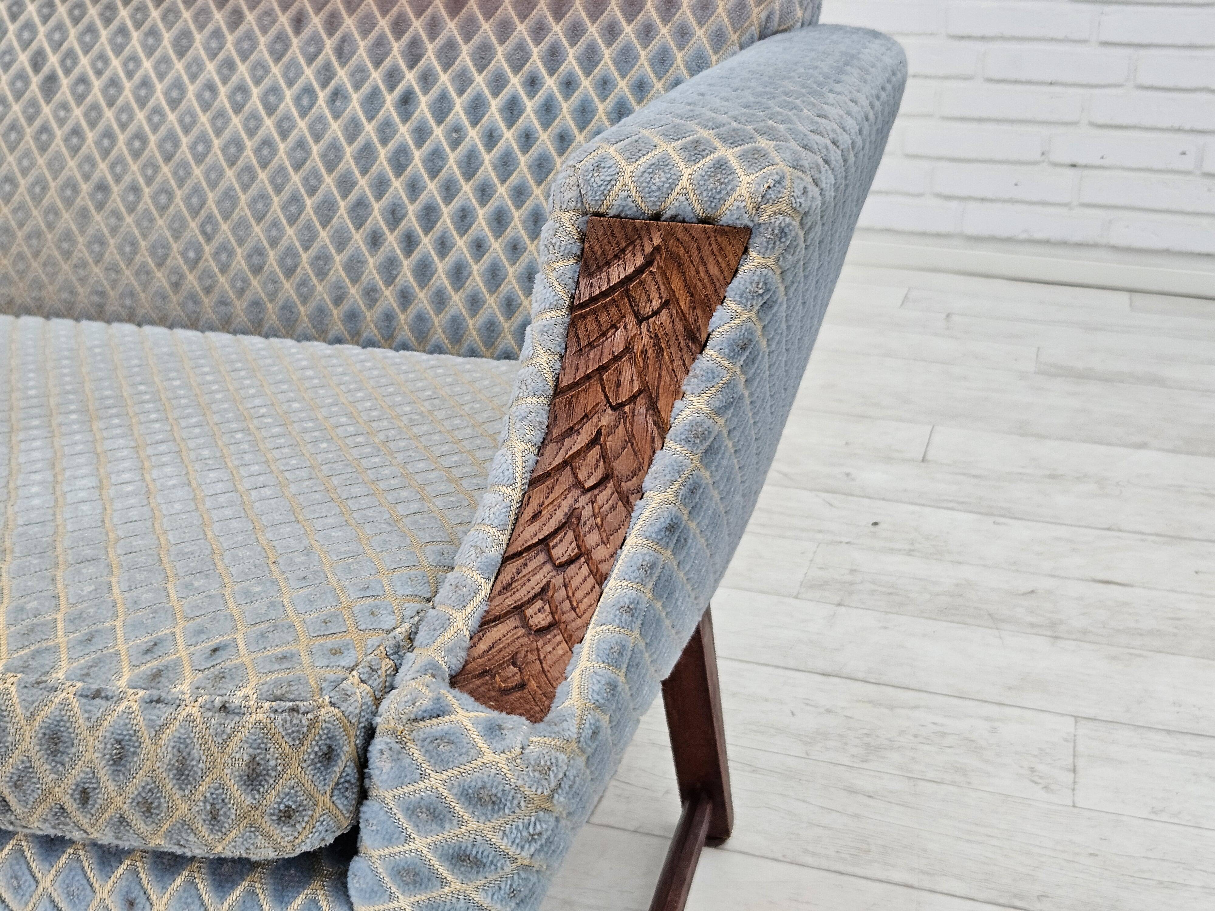 1970s, Danish 3 seater sofa, original good condition, velour, oak wood.