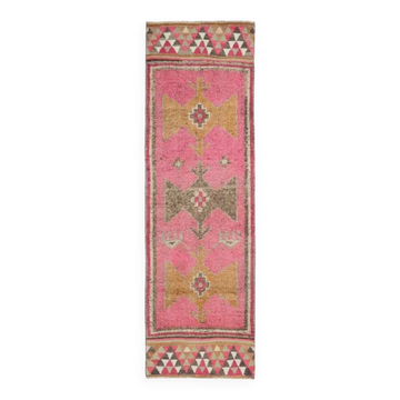 Vintage Turkish Hand-Knotted Wool Cotton Pink Runner Rug 90x298