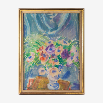 Painting, bouquet of flowers from the 1920s signed by Bussières