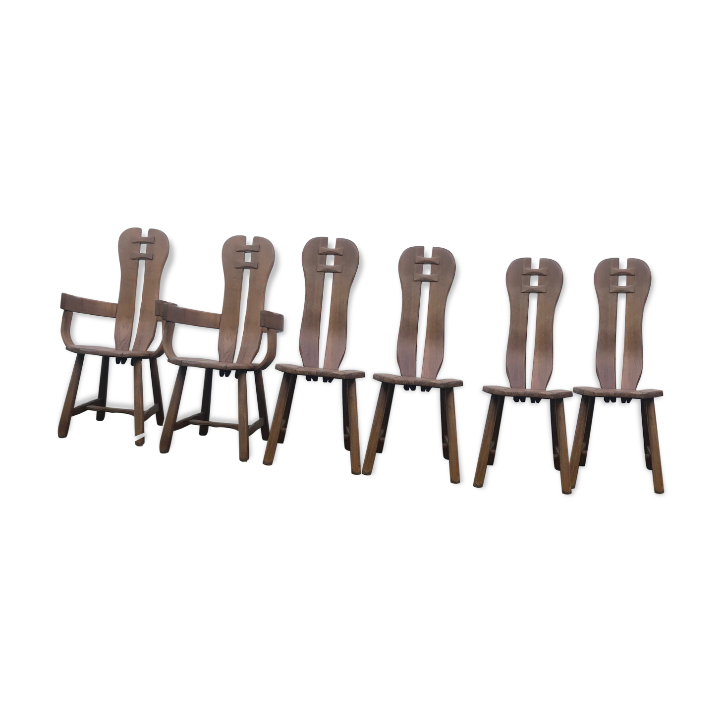rare set of 6 brutalist chairs in solid oak house De PUYDT 1960 Belgium