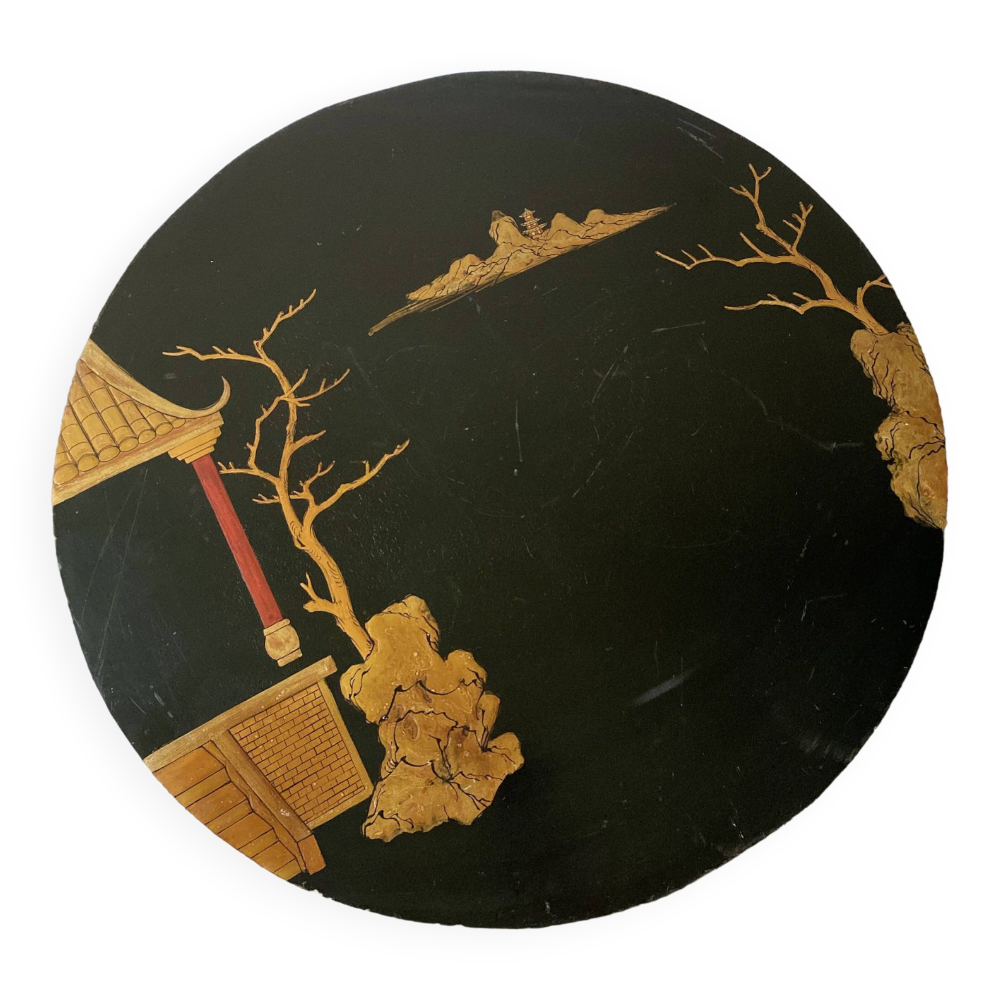 Side table, pedestal living room table, end table, round tray vintage Chinese decor