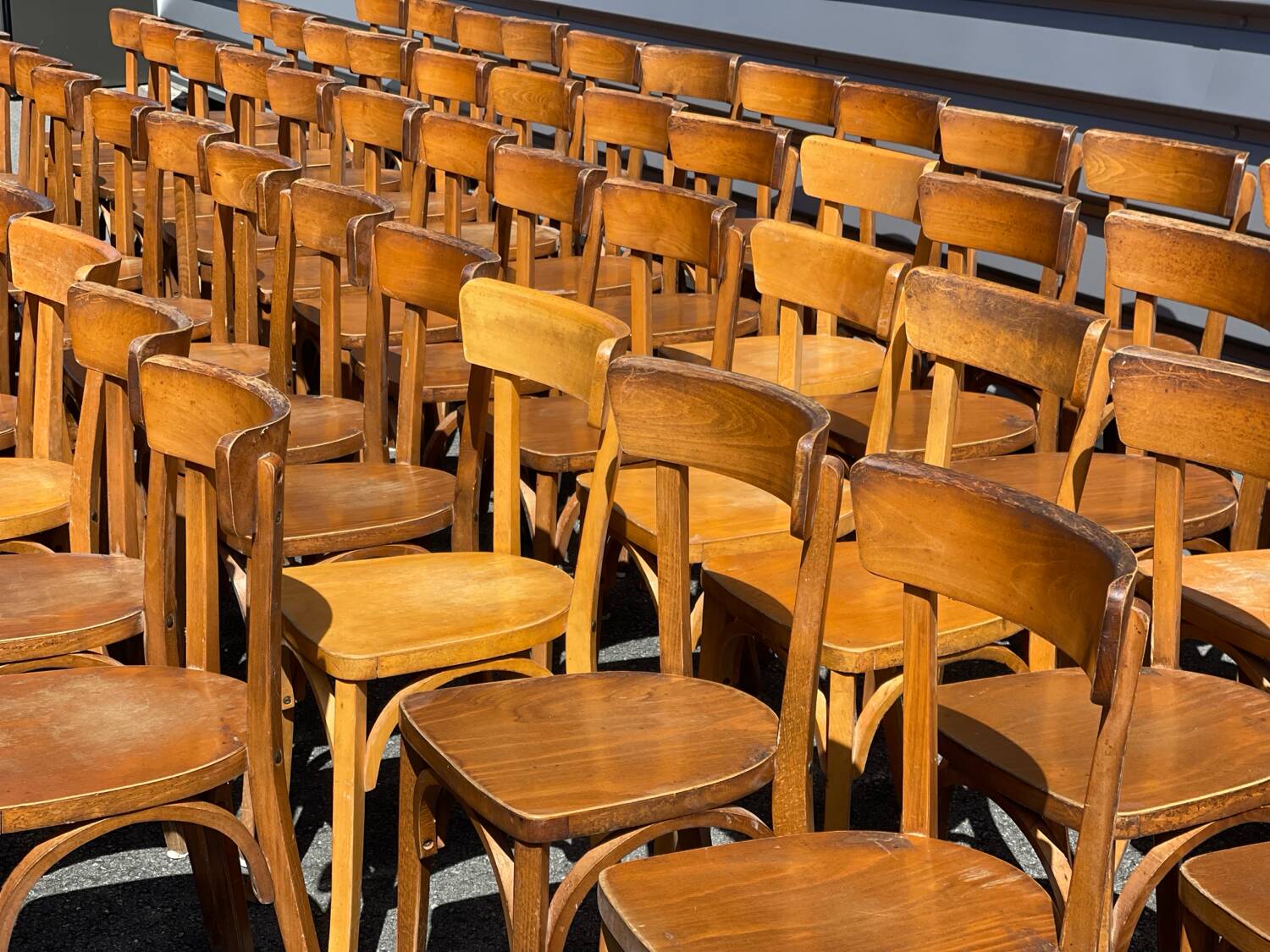 Lot of 60 wooden bistro chairs from the Baumann 1970s