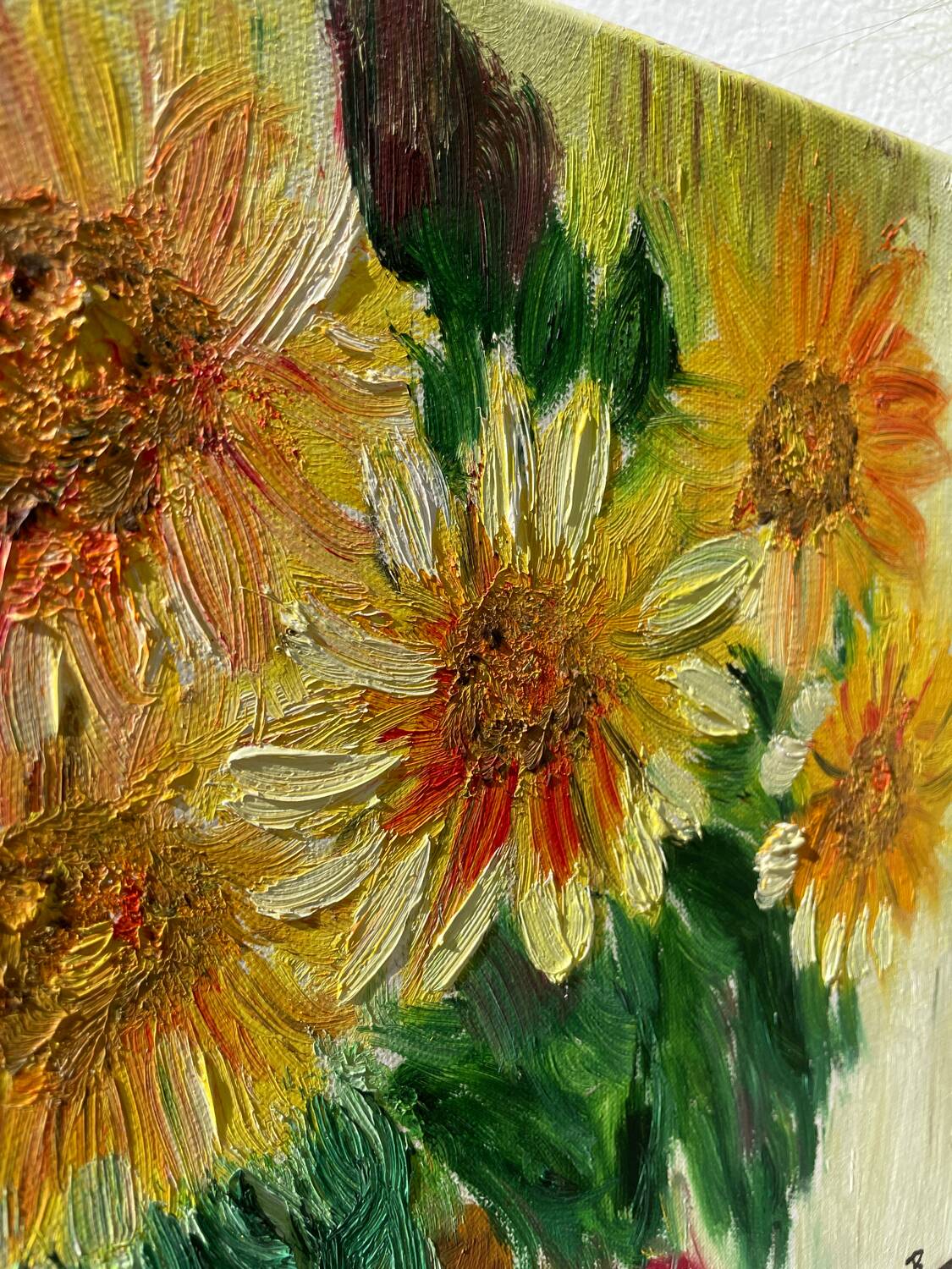 Oil on canvas of a bouquet of sunflowers