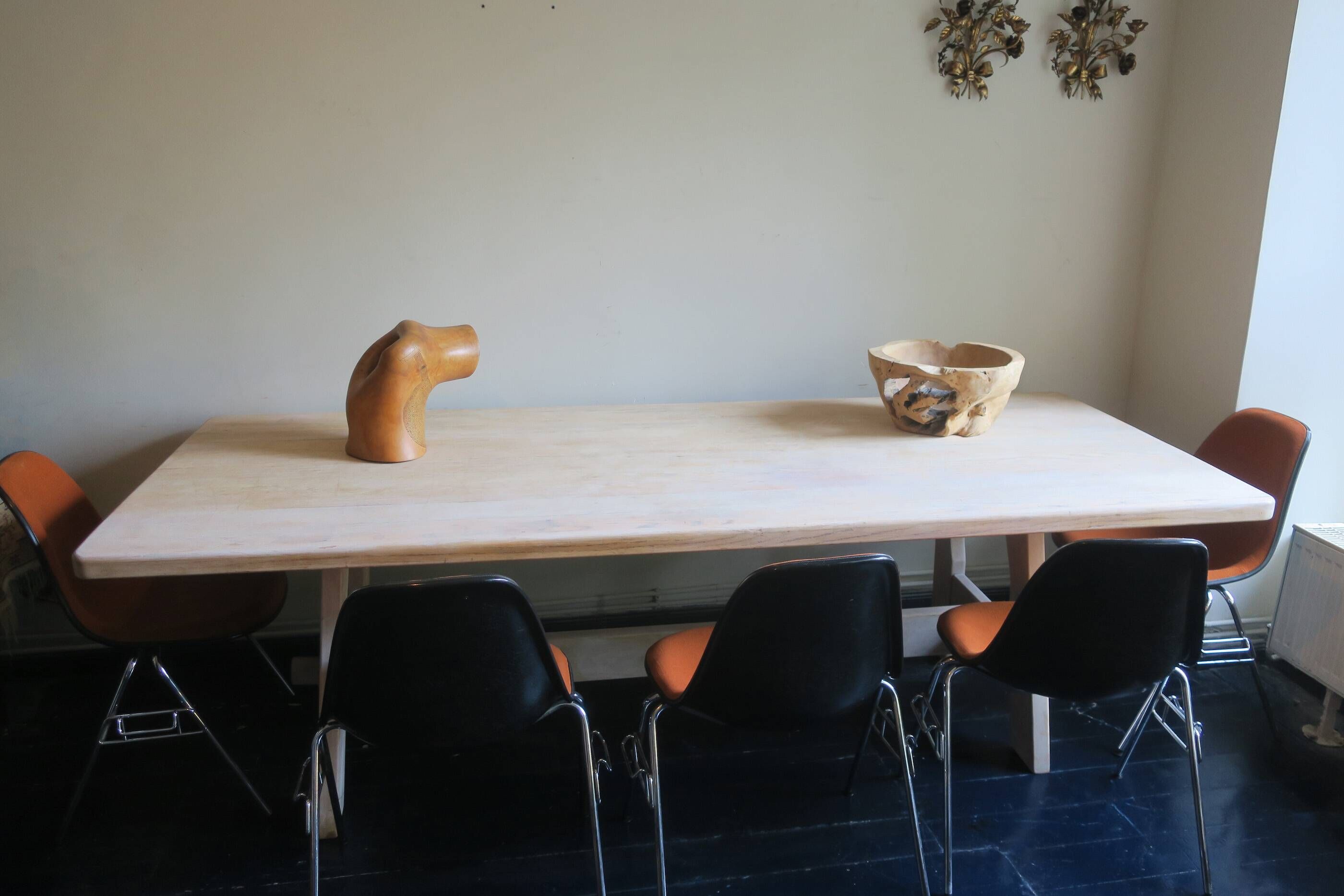 Large mid-century limed solid oak dining table 244 cm x 100 cm, 1950