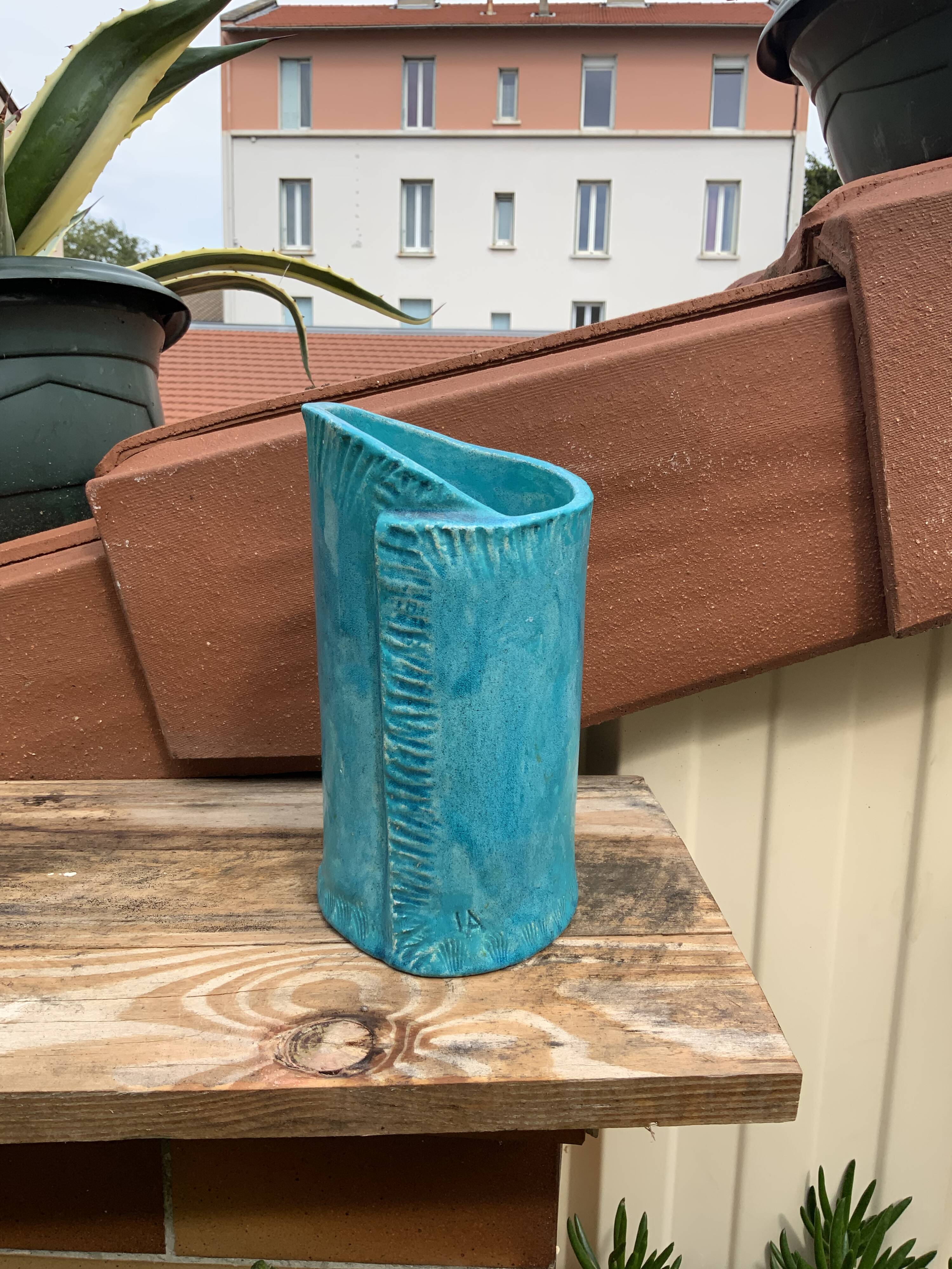 Vintage blue soliflore ceramic vase signed AI