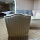 Pair of vintage bergère armchairs in striped ecru and beige fabric.