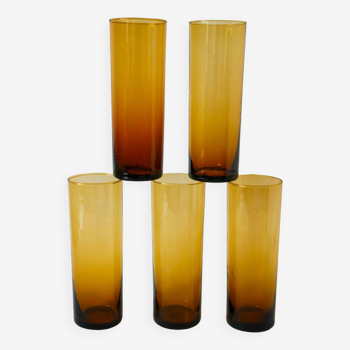 Set of 5 amber Long Drink glasses, 1970