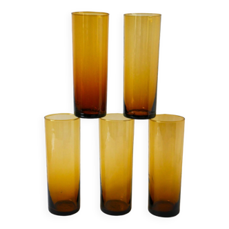 Set of 5 amber Long Drink glasses, 1970