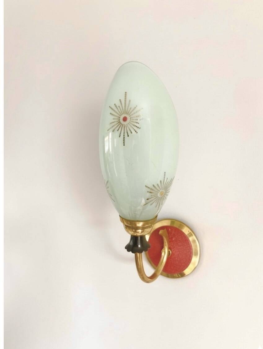 Vintage Mid Century Space Age brass & green opaline wall light Lunel