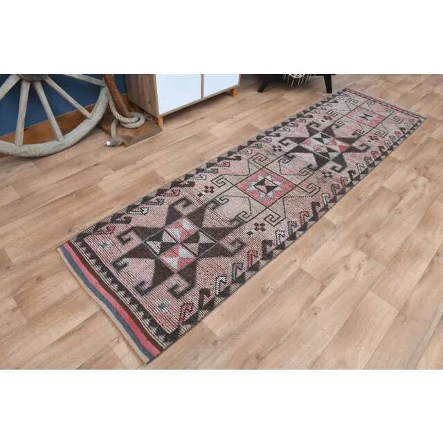 Vintage Turkish Oushak Handmade Wool Pink Brown Runner Rug 87x320