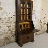 Oak display secretary cabinet, two-body furniture with drop-down front.