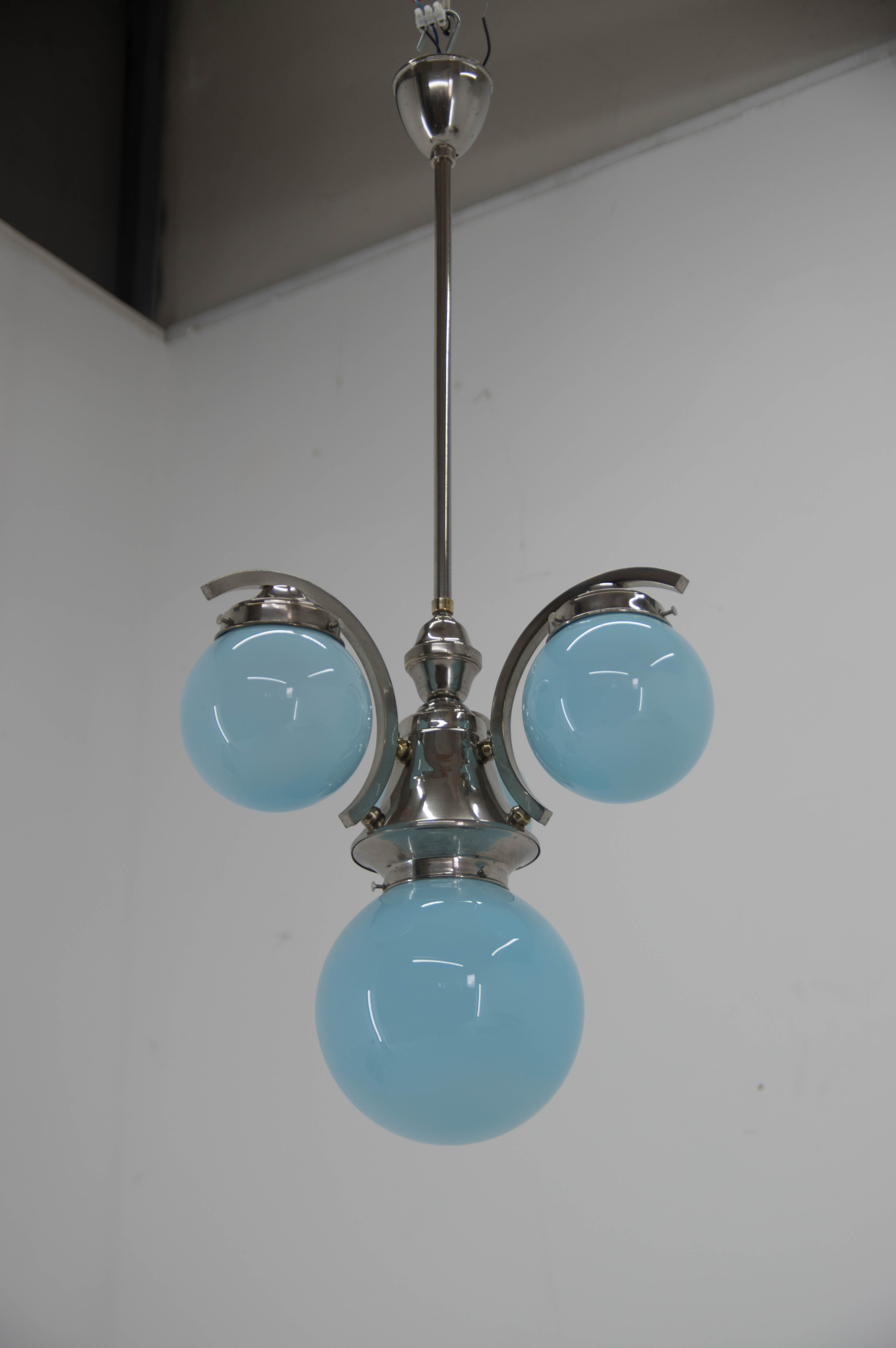 Art deco blue chandelier, 1930s, restored