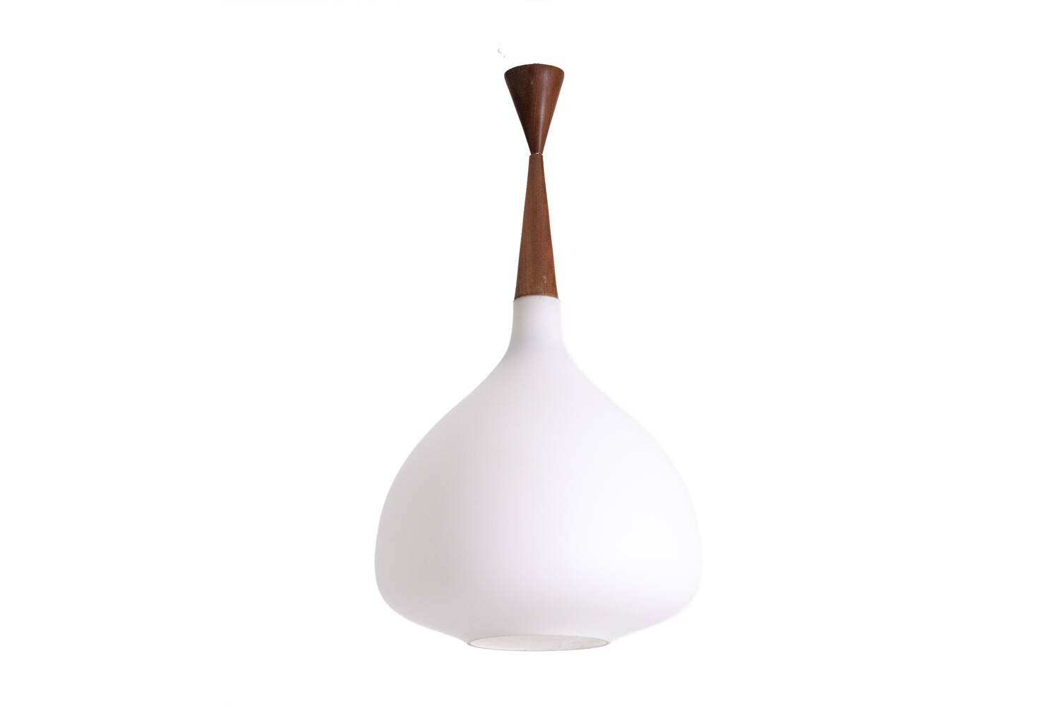 Pendant light in white opaline glass and blond mahogany. 1960s.