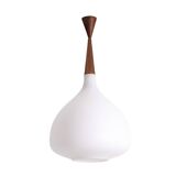Pendant light in white opaline glass and blond mahogany. 1960s.