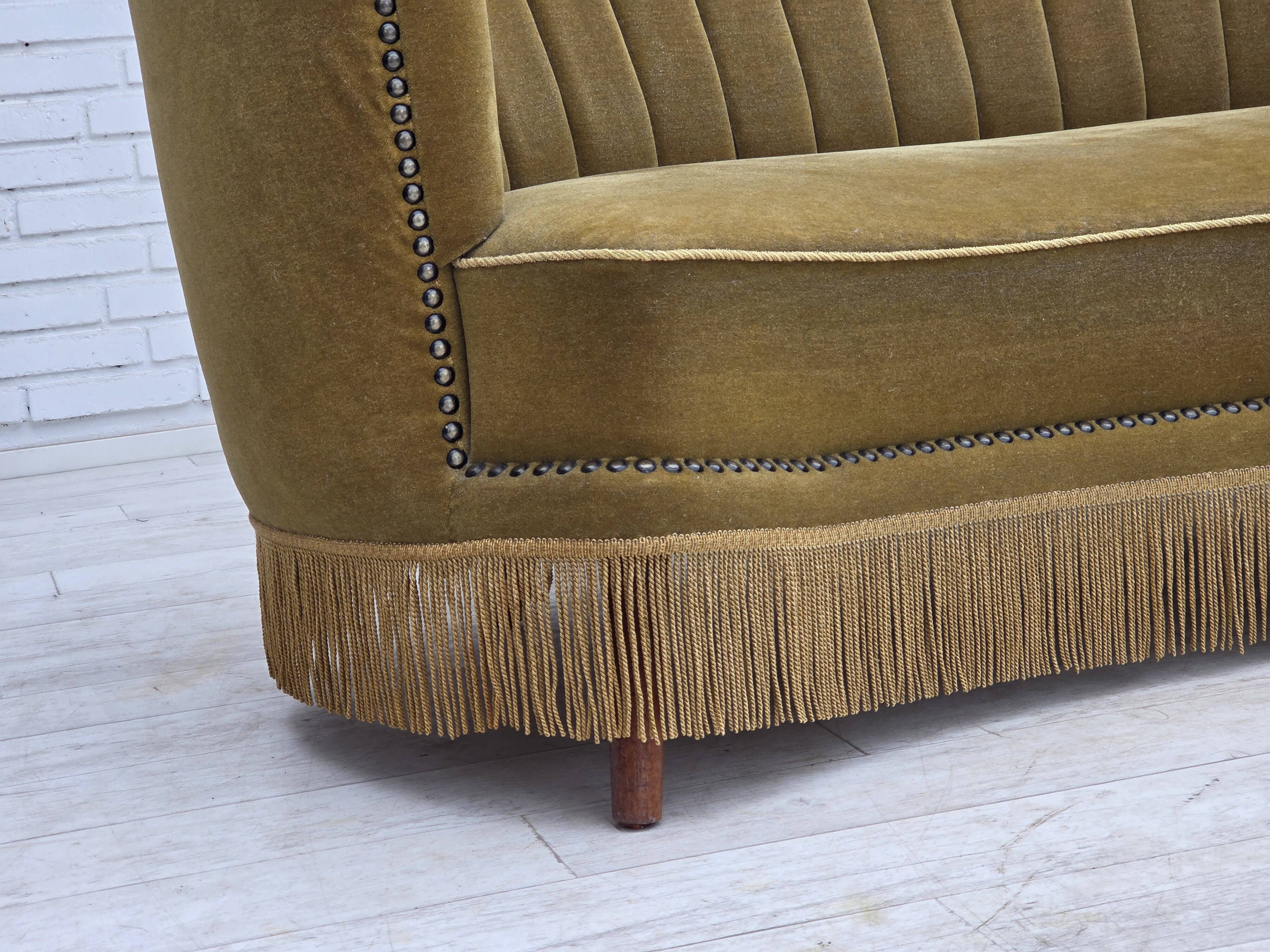 1970s, Danish 2-seater "Banana" sofa, green furniture velour.