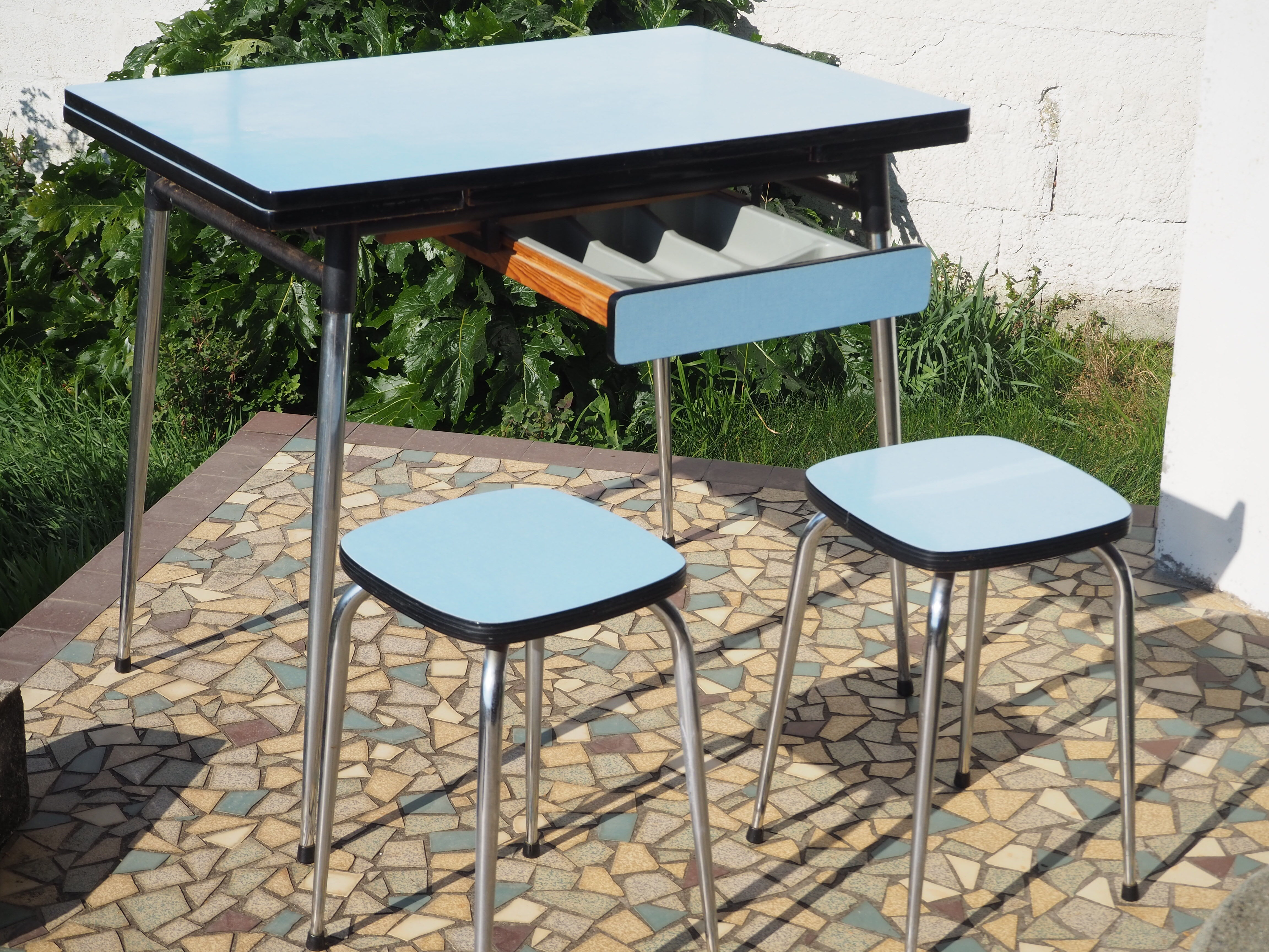 Blue formica table and two stools