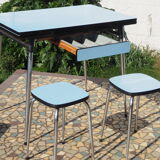 Blue formica table and two stools