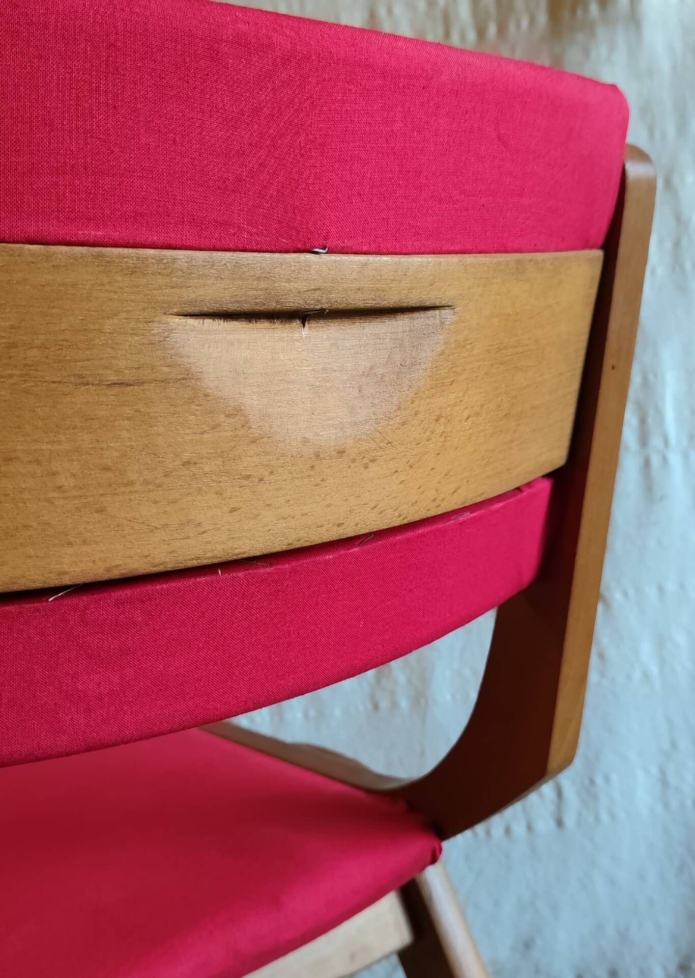 Solid wood chair with red fabric - 50's design