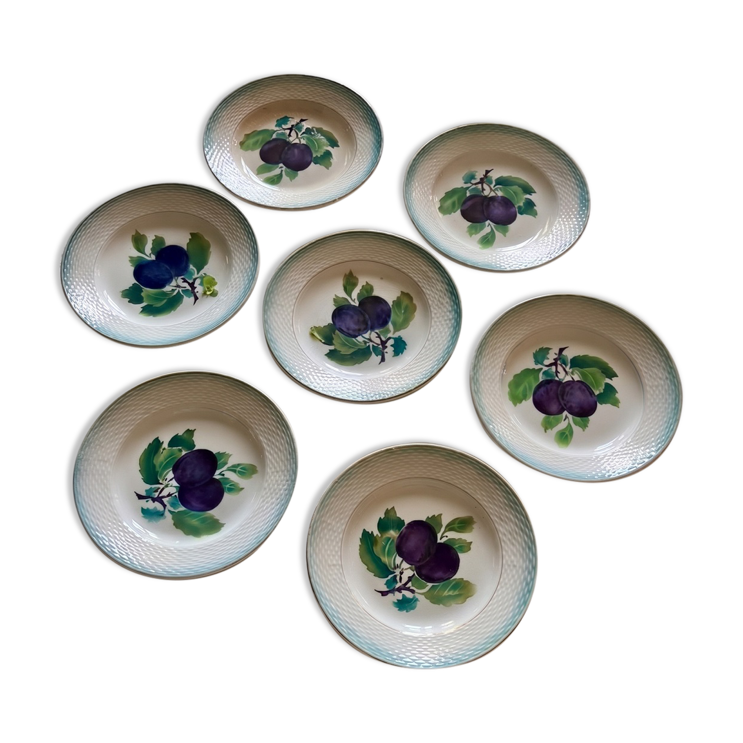Série de 7 assiettes à dessert vintage Saint-Amand – décor Prunes et vannerie