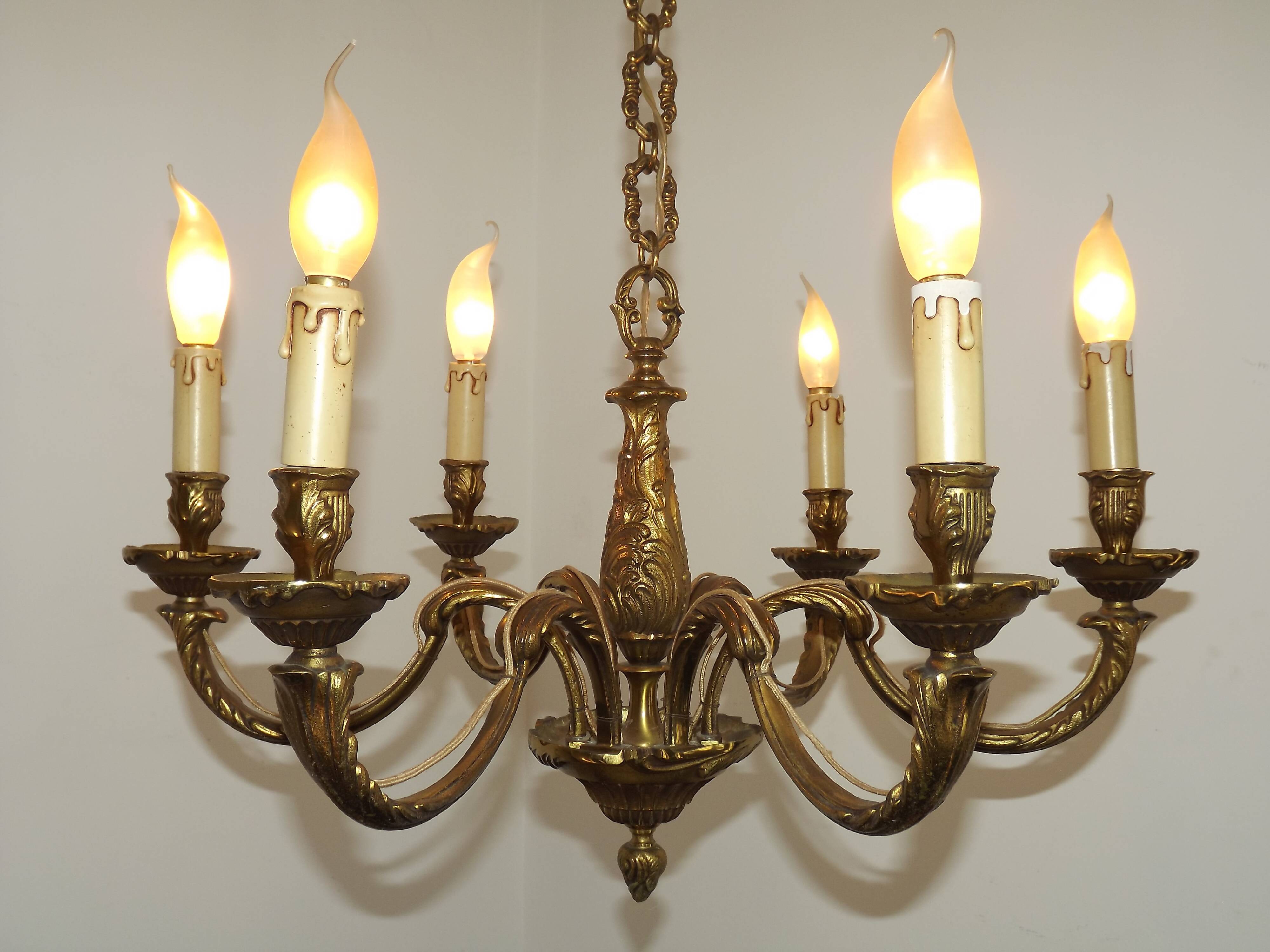 French Art Nouveau Bronze 6 Light Chandelier with Scroll Arms and Leaf Details 5583