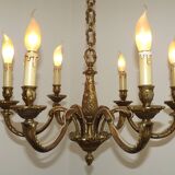 French Art Nouveau Bronze 6 Light Chandelier with Scroll Arms and Leaf Details 5583