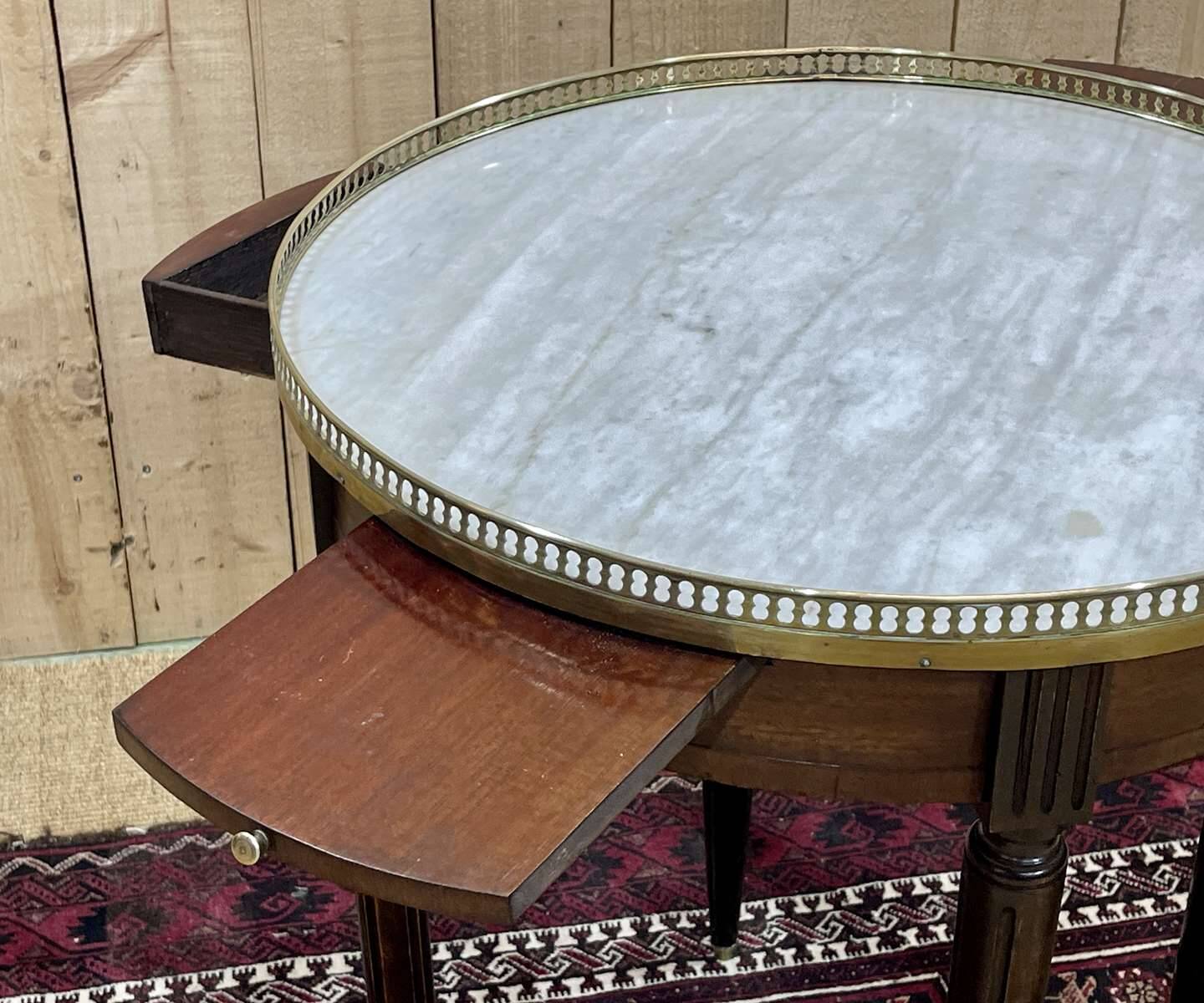 Louis XVI style mahogany bouillotte table from the 1950s with a marble top