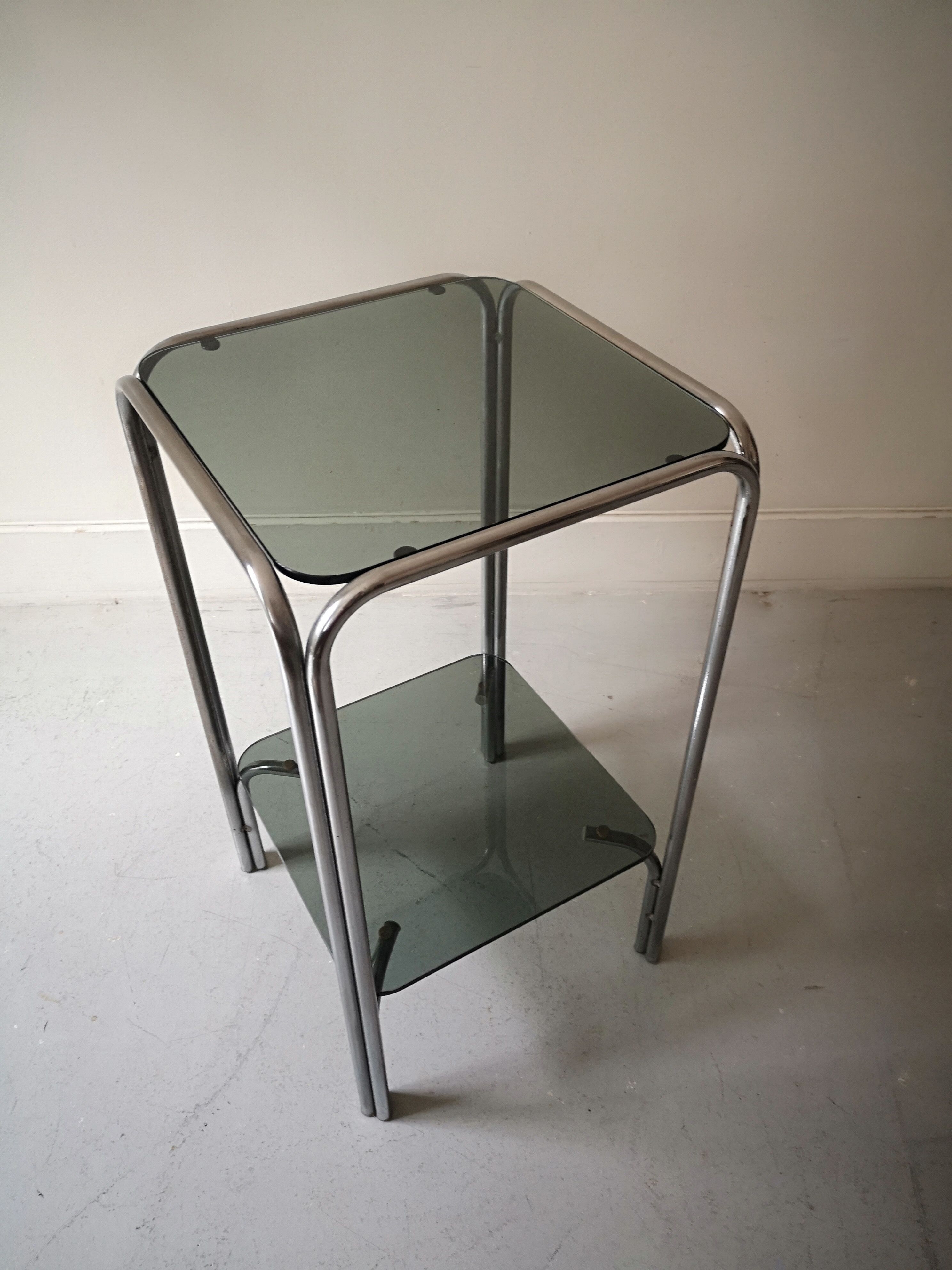 Fifth wheel console in chromed metal and smoked glass, design 1970