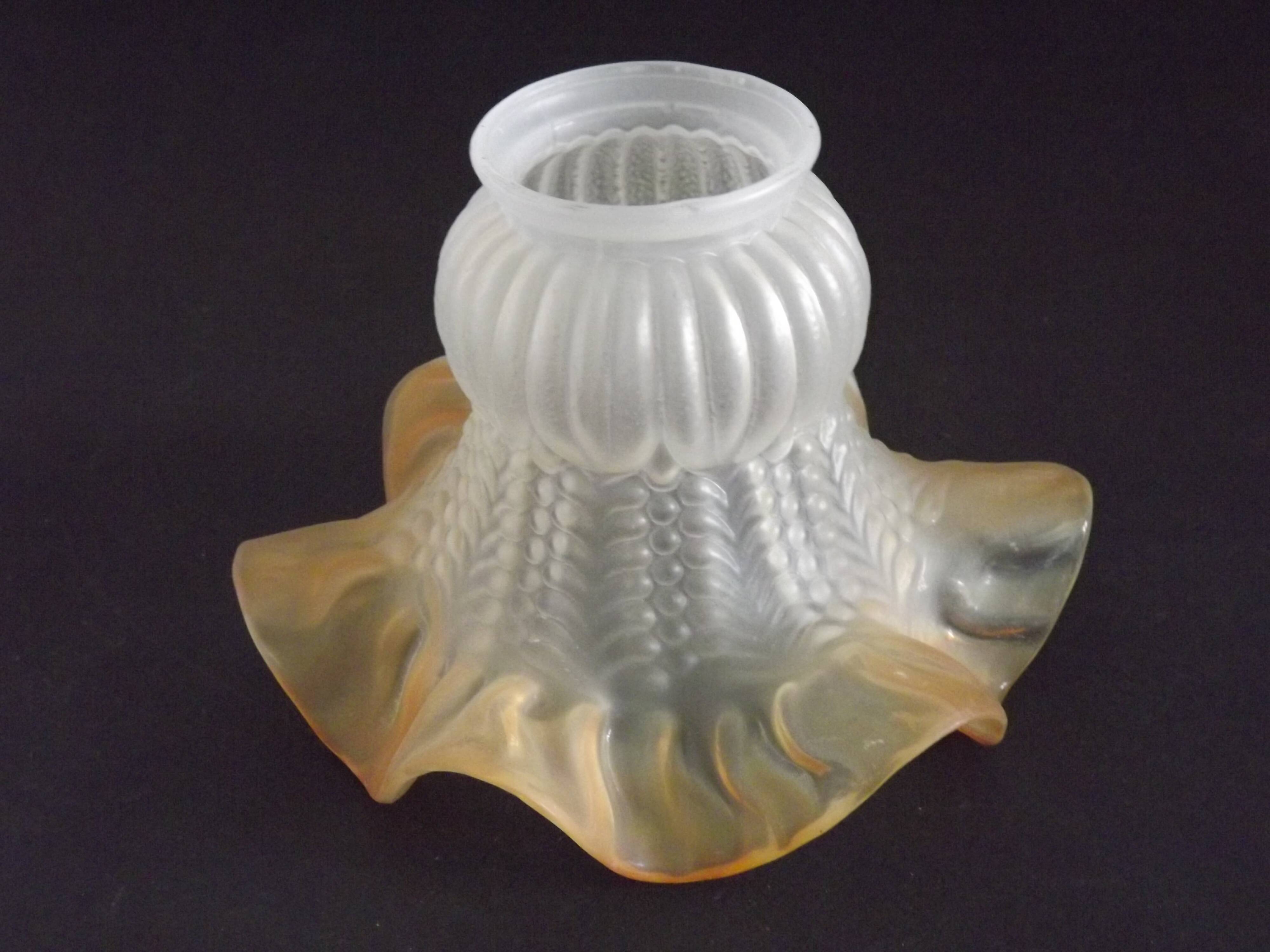 Vintage French Opaque White Glass Replacement Shade with Frilled Amber Edge